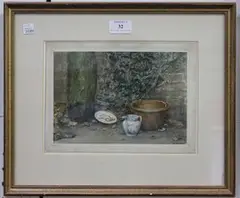 Arthur Stocks, Still Life with Bread Bin, Jug and Plate, 1867, watercolour