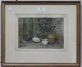 Arthur Stocks, Still Life with Bread Bin, Jug and Plate, 1867, watercolour