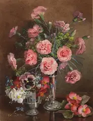 Jack Carter, Carnations and Other Flowers in Silver Vases, 1980, watercolour