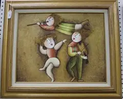 Joyce Roybal, Two Musicians and a Girl dancing, oil on canvas