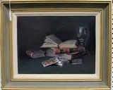 Peter F. Fuller, Still Life with Books and Playing Cards, oil on canvas