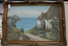 R.D. Sherrin, View past Fishermen's Cottages towards a Bay, watercolour and gouache