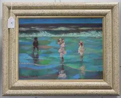 Robert Tyndall, Three Children paddling, oil on canvas