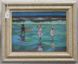 Robert Tyndall, Three Children paddling, oil on canvas