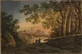 William Payne, Landscape with Figures on a Path and Distant Church, watercolour