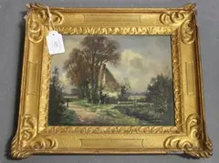 Edwin Harris, Figure walking past a Thatched Cottage, oil on board