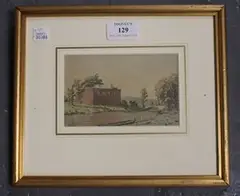 Algernon Newton, Building on the Bank of a Canal, pen and ink