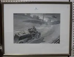 E.L. Ford, Two Characters fleeing in a Vintage Motor Car, gouache