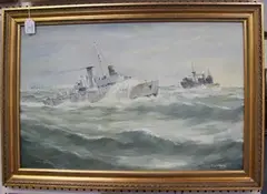 Stan White, Rounding up a Straggler, Western Approaches' (View of HMS Crocus), oil on board