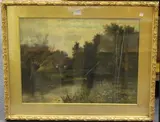 M.E. Farwell, View of a Boathouse and Cottage, oil on canvas