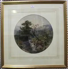 Henry Turner Munns, Tondo Highland Scene with a Waterfall, 1861, watercolour