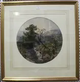 Henry Turner Munns, Tondo Highland Scene with a Waterfall, 1861, watercolour