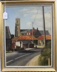 Edna Bizon, Dog running through a Village, oil on canvas
