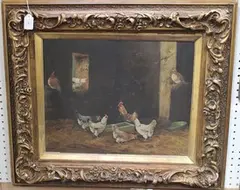 F. Rolf, Chickens in a Barn, oil on artist's board