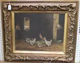F. Rolf, Chickens in a Barn, oil on artist's board