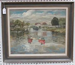 D. Gilbert, River Scene with Trippers in Pleasure Boats, oil on board