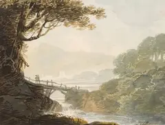 William Payne, Figures crossing a Rustic Bridge, watercolour