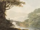 William Payne, Figures crossing a Rustic Bridge, watercolour