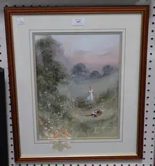 John Horsewell, Lady on a Hillside picking Flowers, oil on board