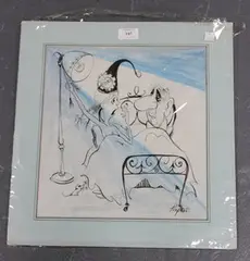 William Papas, Cartoon with Two Figures in Bed, ink and watercolour