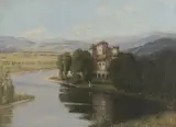 Isobelle Ann Dods-Withers, Landscape View with Figures by a Winding River and a Building, oil on canvas
