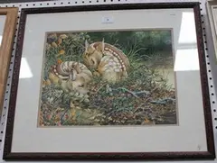 Lynne Jones, Babes in the Wood' (Two Recumbent Fallow Deer Fauns in a Woodland), watercolour