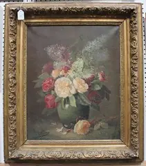 C. Lamy, Still Life Study of Peonies and other Flowers in a Green Jug, oil on canvas