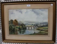 James Herbert Snell, Landscape View with Fishermen near a Bridge, watercolour