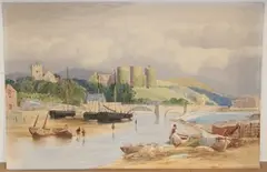 Joseph Barnard Davis, Landscape View with Fishermen in a River beneath a Castle, 1864, watercolour
