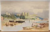 Joseph Barnard Davis, Landscape View with Fishermen in a River beneath a Castle, 1864, watercolour