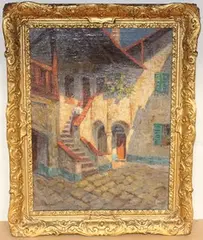 Hans Pawlitschek, Figure climbing stairs in a Courtyard, oil on canvas
