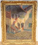 Hans Pawlitschek, Figure climbing stairs in a Courtyard, oil on canvas