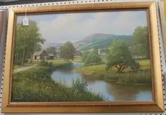 Alan Dinsdale, Landscape with Meandering River, Barns and Church, acrylic on canvas