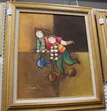 Joyce Roybal, Two Children riding Scooters, oil on canvas