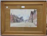 Charles E. Flower, Street Scene with Figures and Houses, watercolour