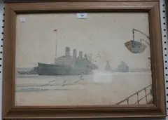 Arthur Henry Turner, Aquitania leads the Line, Canadian Troops arriving.... December 17th 1939, watercolour