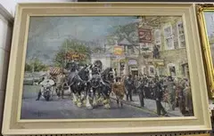 Eric Mason, Brewery Cart passing a Pub, probably London, oil on canvas