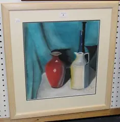 Ian Macfarlane, Still Life Study of a Jug and Vases on a Table, pastel
