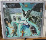 Ric Hyde, Figures in a Coastal Village Square, acrylic on board