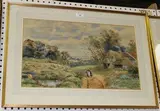 Harold W.A. Lawes, Figures walking along Country Lanes, 1882, a pair of watercolours with gouache