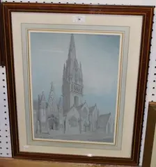 Émile Sagot, Ponteroix' (View of a Church), pencil drawing with touches of crayon