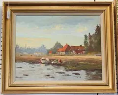 Charles Brooker, View of a Village and River at Low Tide, oil on board