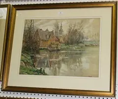 L. Voets, Village by a Lake, watercolour and gouache