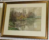 L. Voets, Village by a Lake, watercolour and gouache