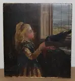 Charles Halkerston, Girl feeding Jackdaws, oil on board