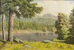F. Saliger, Woodland Landscape with Lake and Hills, oil on canvas