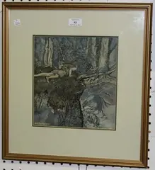Daisy Matthews, Woodland Scene with a Boy in a Tree watching Wolves below, watercolour and ink