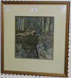 Daisy Matthews, Woodland Scene with a Boy in a Tree watching Wolves below, watercolour and ink