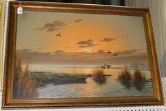 Gerald Brouwer, Mallard Ducks over Wetlands at Sunset, 20th Century, oil on canvas