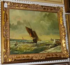 Dion Pears, Coastal Landscape with a Sailing Barge entering Harbour, oil on canvas